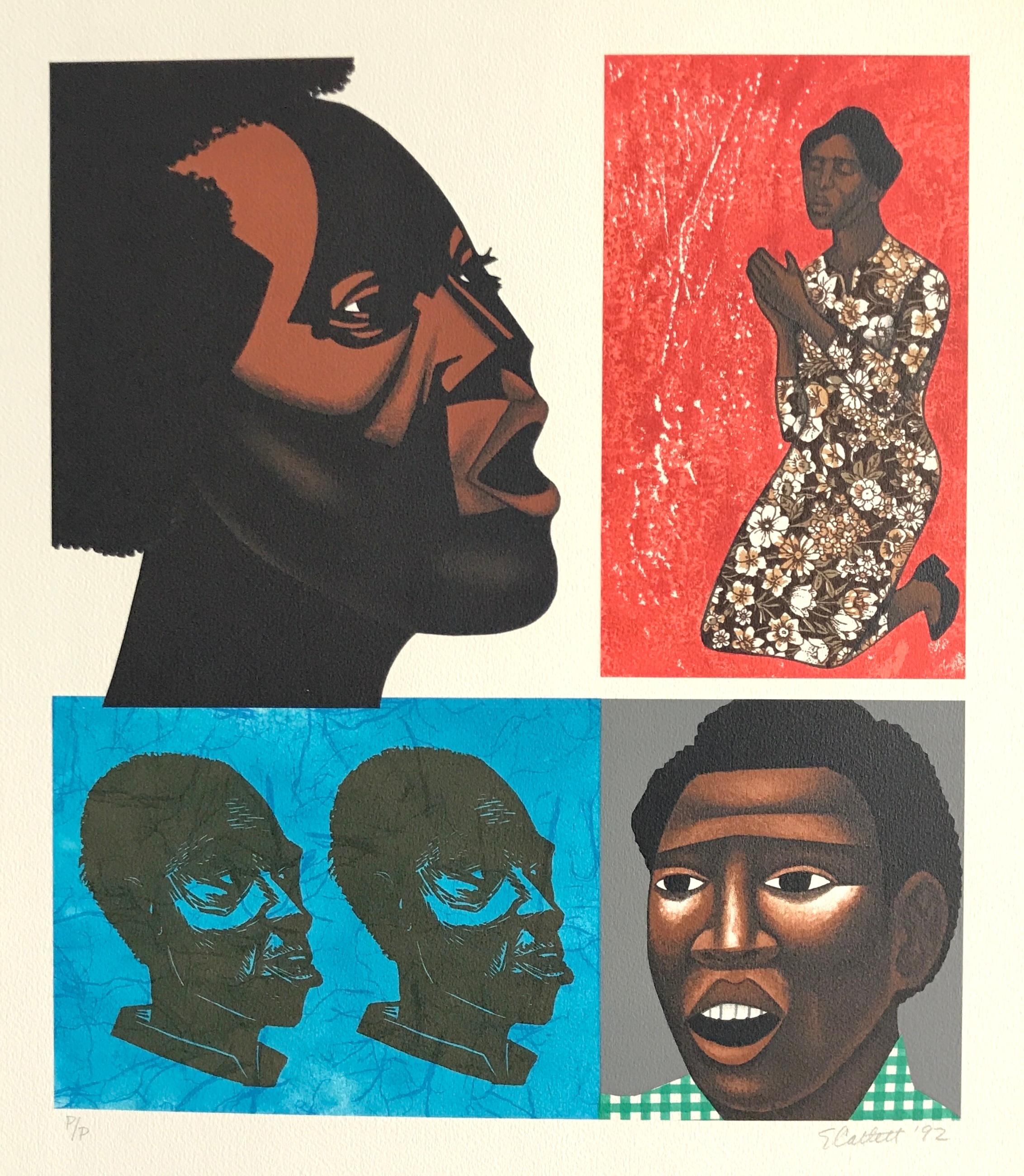 Signierte Lithographie „SINGING THEIR SONGS“, grafische Porträtköpfe, Schwarze Kultur