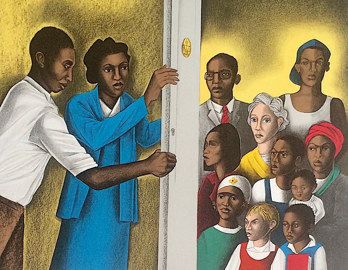 LA PORTA DELLA GIUSTIZIA Poster litografico a colori, giustizia sociale, avvocato difensore - Print di Elizabeth Catlett