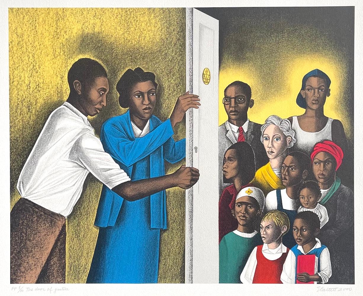 LA PORTA DELLA GIUSTIZIA Litografia firmata a mano, Avvocato e clienti, Diritti civili - Print di Elizabeth Catlett