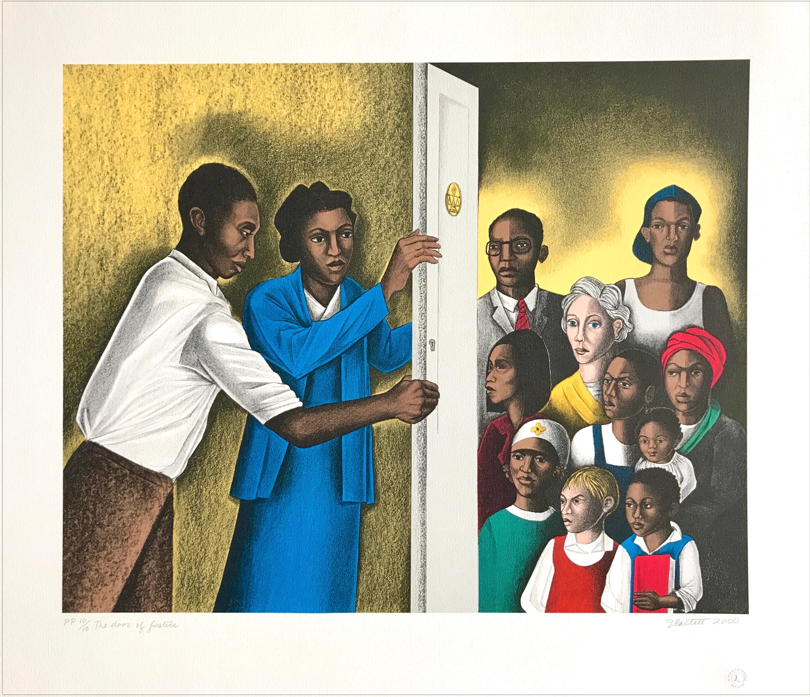 Elizabeth Catlett Portrait Print - THE DOOR OF JUSTICE Hand Signed Lithograph, Lawyer and Clients, Civil Rights