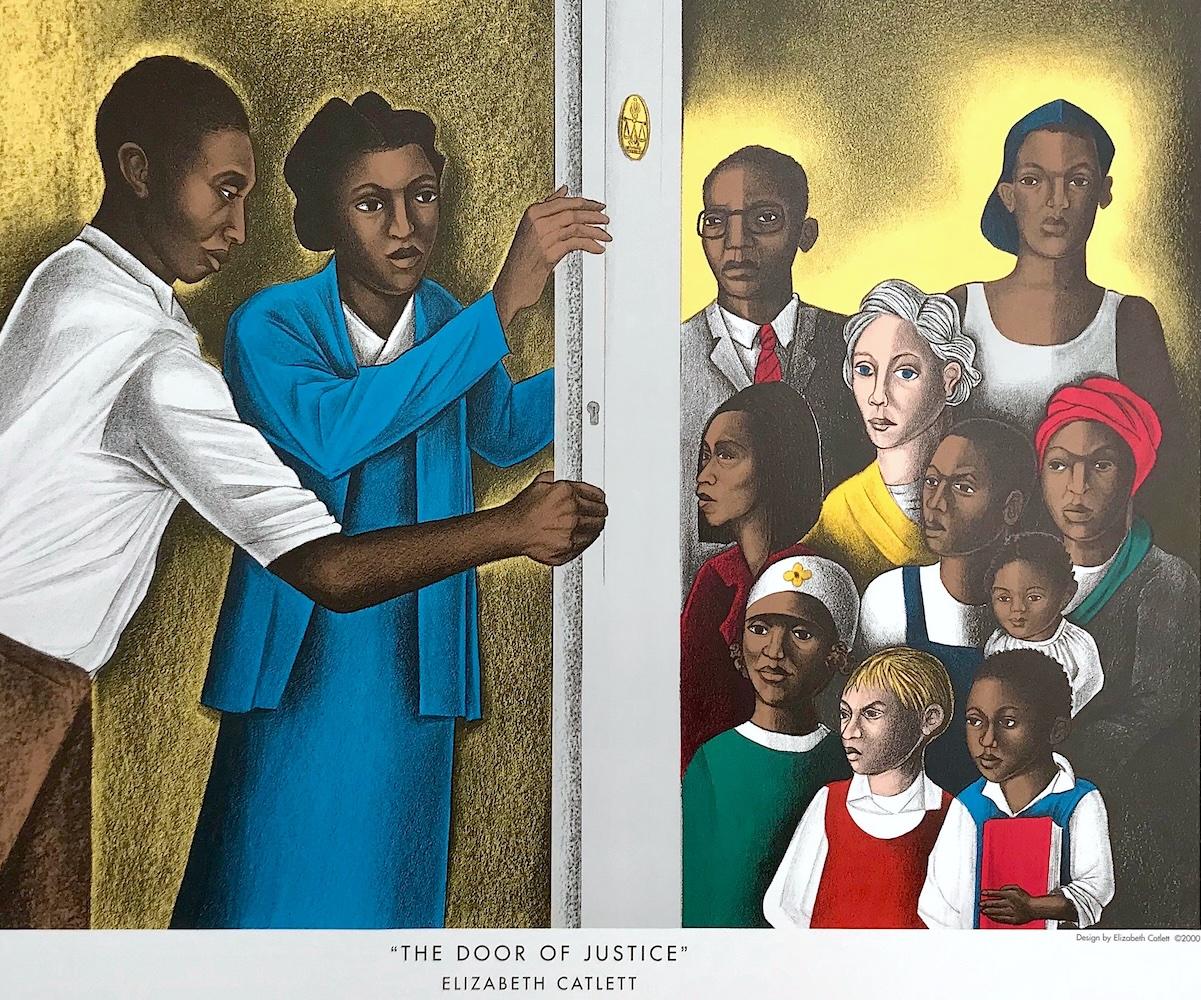 LA PORTA DELLA GIUSTIZIA Rara litografia in edizione poster, Avvocati neri, persone - Print Contemporaneo di Elizabeth Catlett