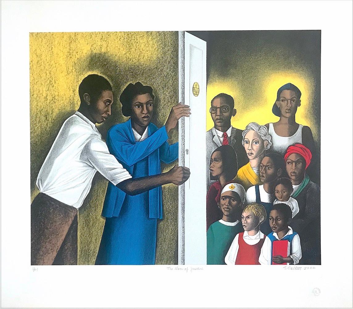 Elizabeth Catlett Portrait Print - THE DOOR OF JUSTICE Signed Color Lithograph, Lawyer and Clients, Civil Rights