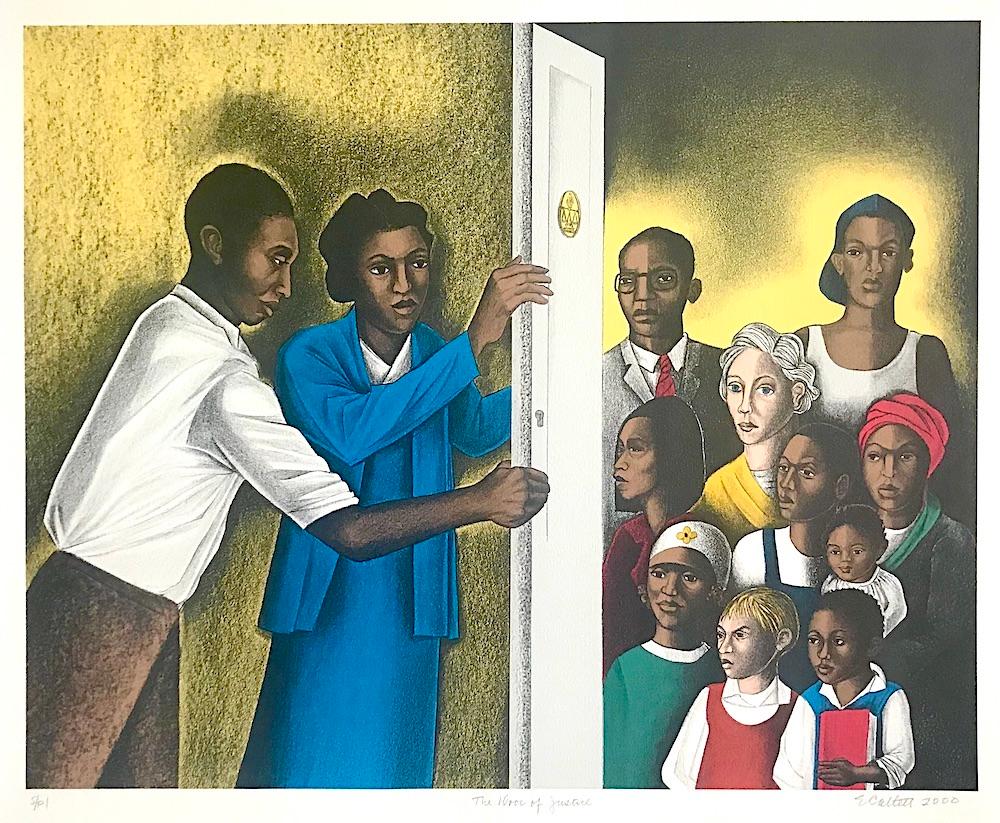 THE DOOR OF JUSTICE Signed Color Lithograph, Lawyer and Clients, Civil Rights - Print by Elizabeth Catlett