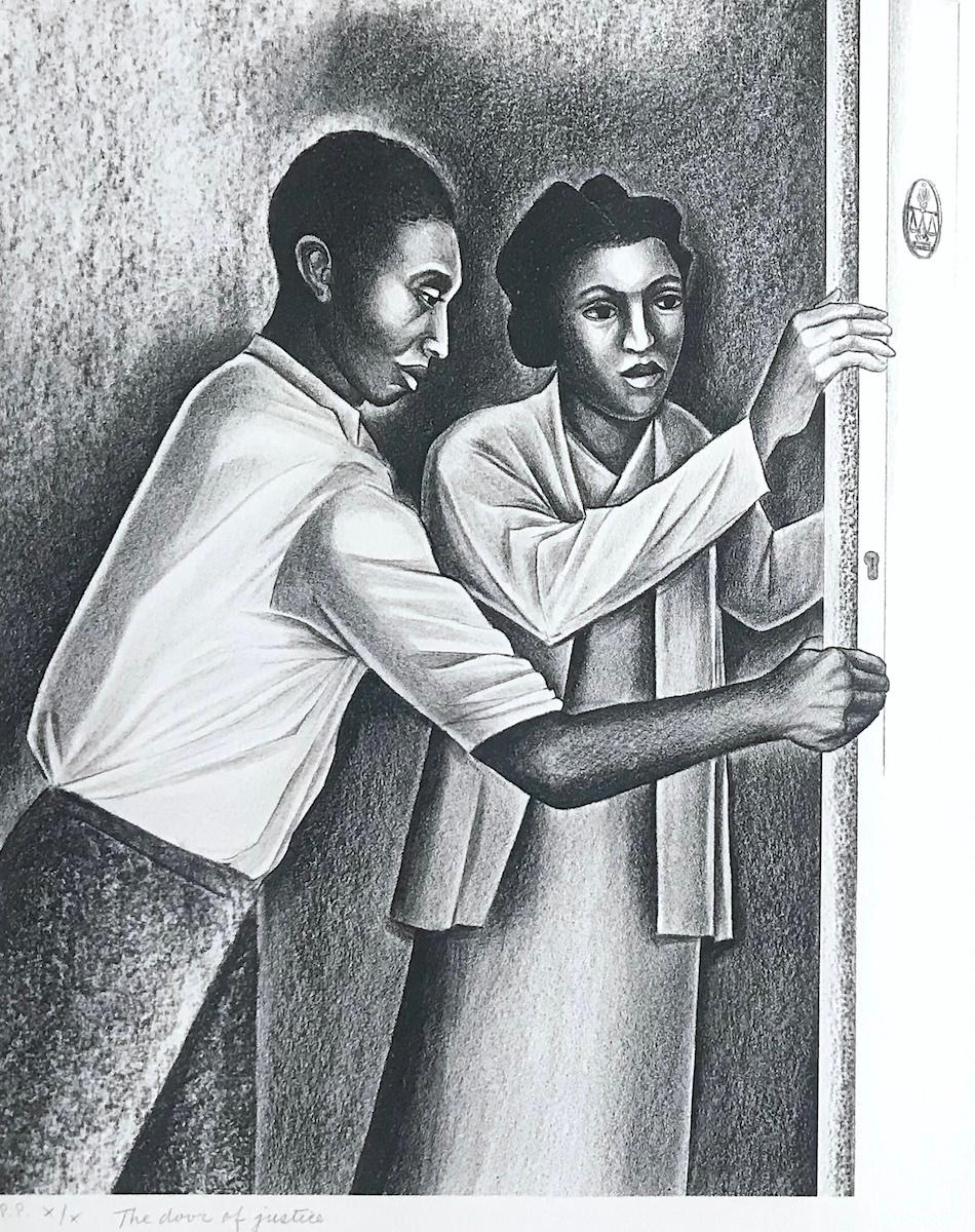 Lithographie signée THE DOOR OF JUSTICE, Black Lawyers Civil Rights Social Justice - Contemporain Print par Elizabeth Catlett
