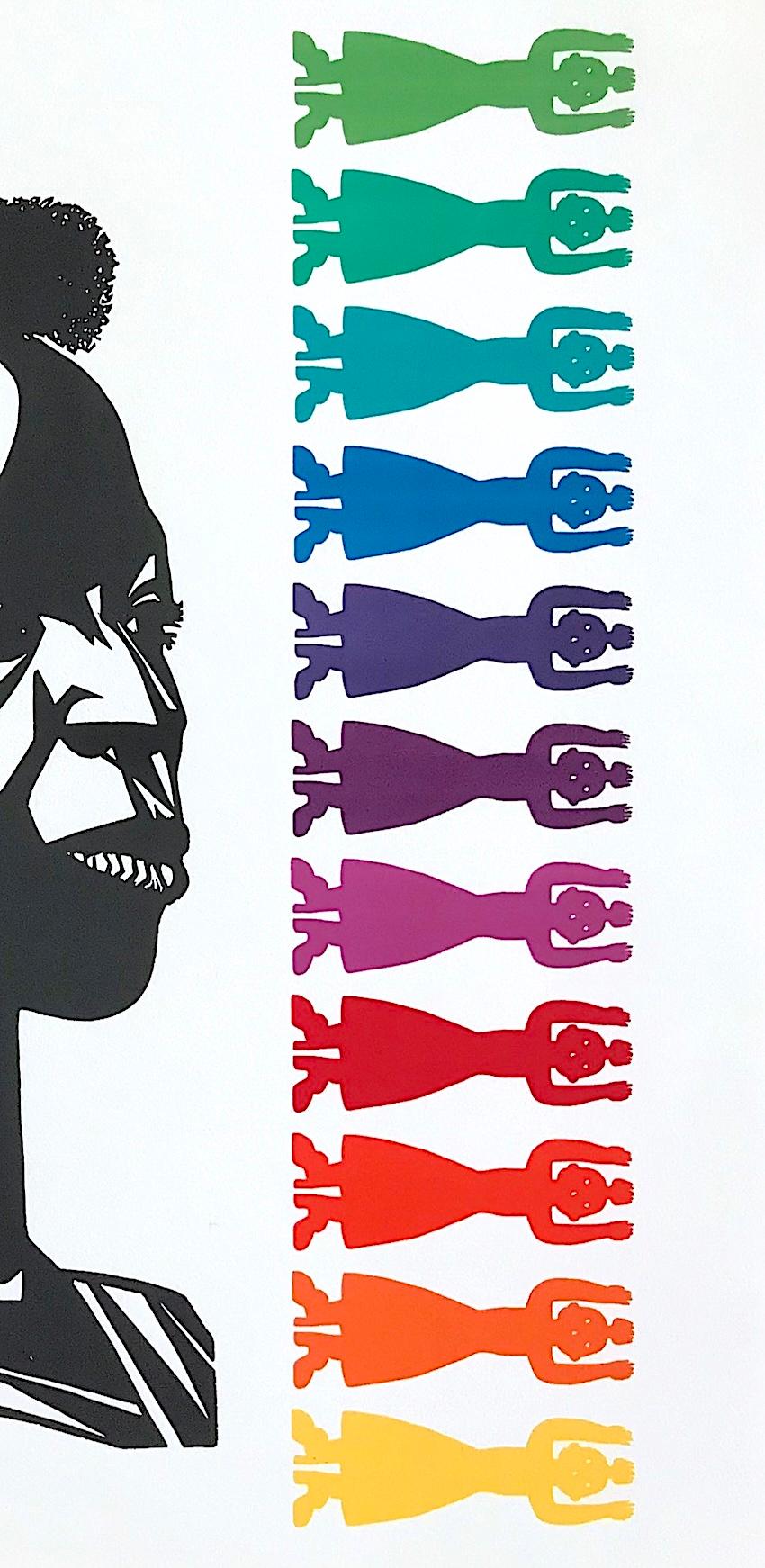 THERE IS A WOMAN IN EVERY COLOR is a hand pulled limited edition relief print created using linocut, woodcut, and silkscreen printmaking techniques on white archival printmaking paper, 100% acid free. Pencil signed by Elizabeth Catlett on the lower