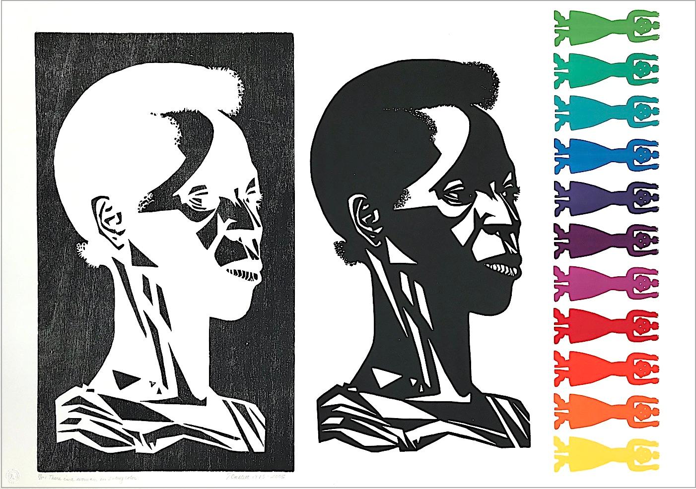 Elizabeth Catlett Portrait Print - THERE IS A WOMAN IN EVERY COLOR Signed Relief Print, Black Woman Rainbow Figures