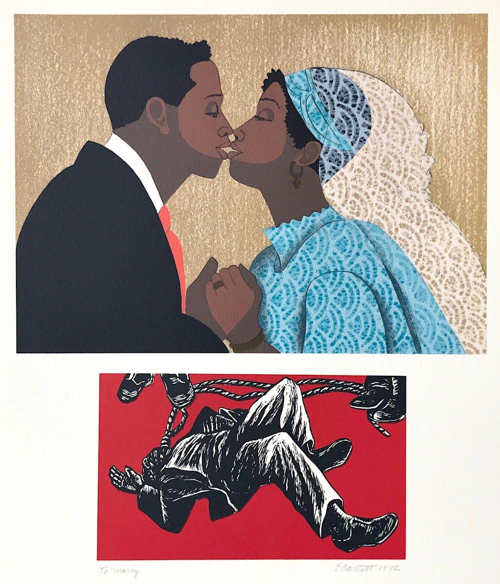 PARA CASARSE Litografía firmada, Para mi gente de Margaret Walker, Novios - Print de Elizabeth Catlett