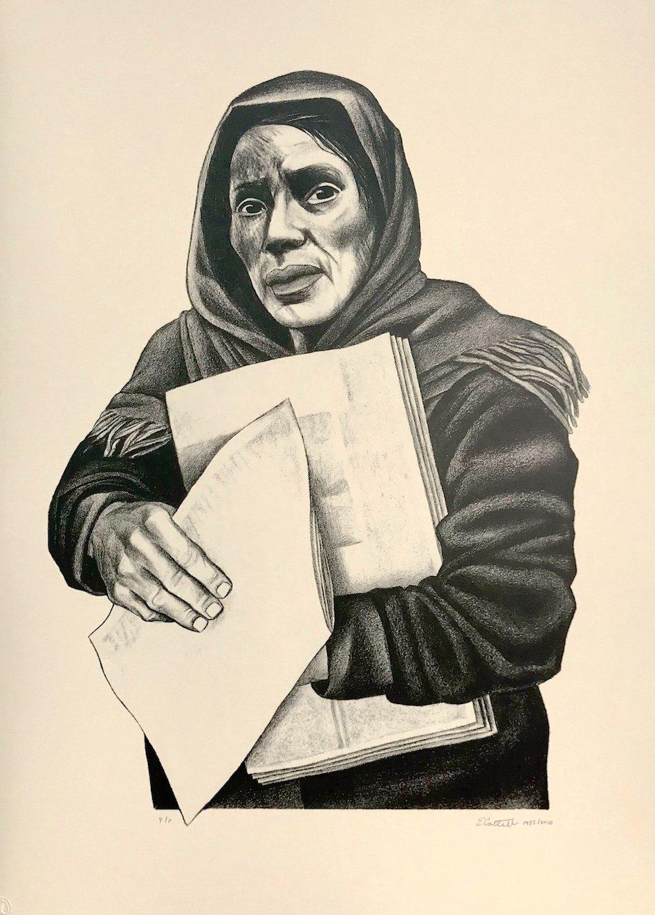 Elizabeth Catlett Portrait Print - VENDEDORA DE PERIODICAS Signed Lithograph, Mexican Woman Newspaper Vendor