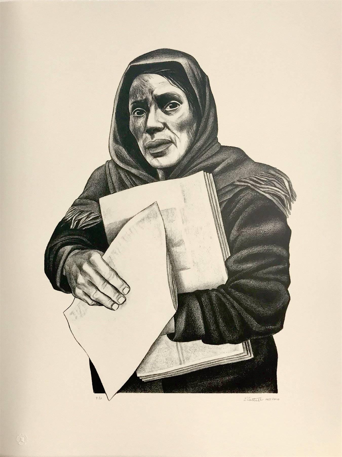 VENDEDORA DE PERIODICAS Signed Lithograph, Mexican Woman Newspaper Vendor - Realist Print by Elizabeth Catlett