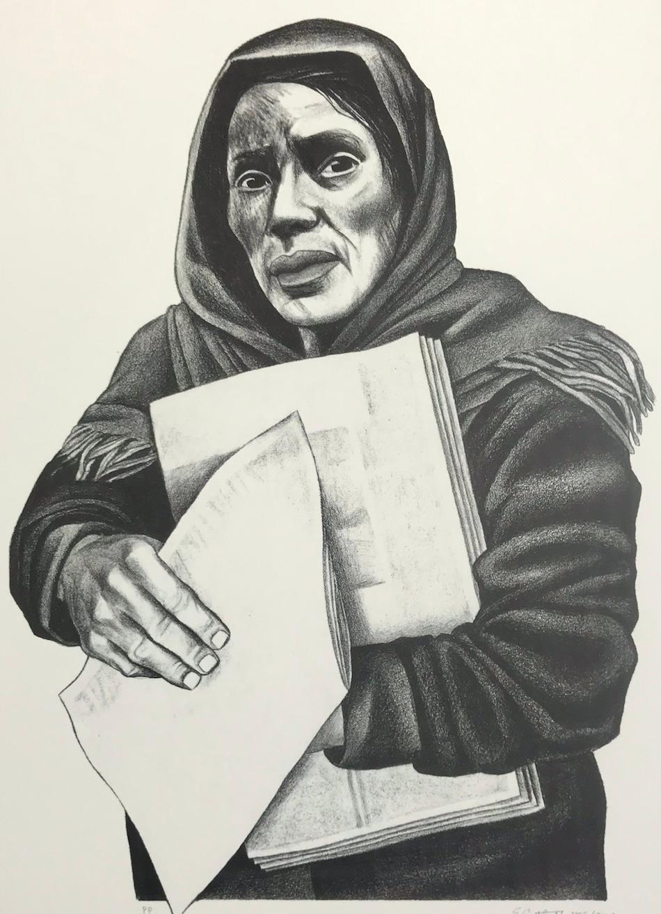 VENDEDORA DE PERIÓDICOS Litografía firmada, Mujer mexicana vendedora de periódicos en venta 1