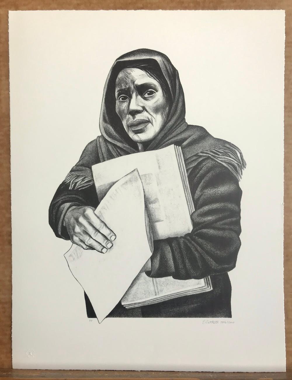 VENDEDORA DE PERIÓDICOS Litografía firmada, Mujer mexicana vendedora de periódicos en venta 3