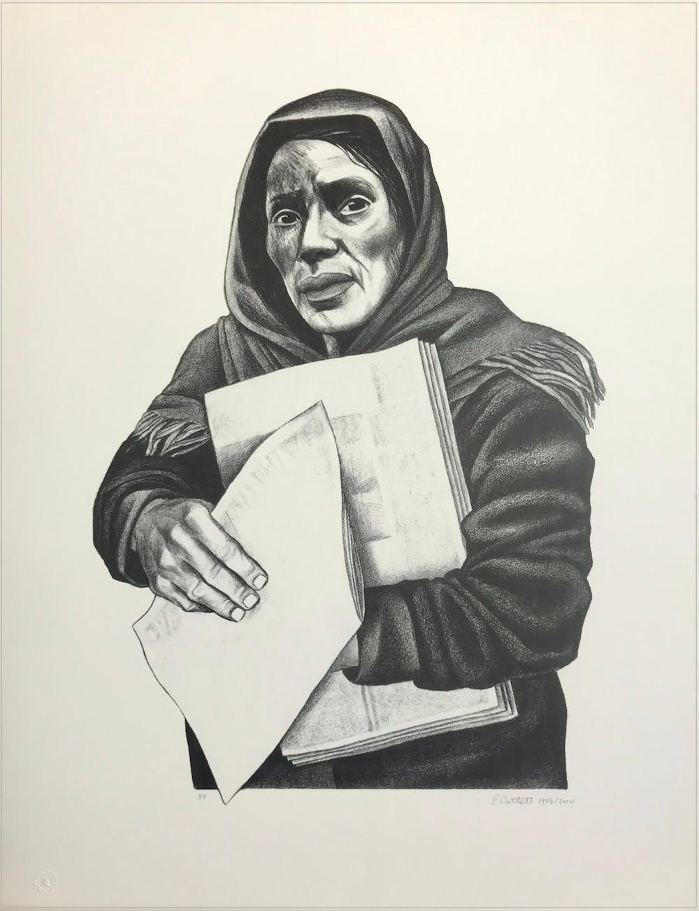 Portrait Print de Elizabeth Catlett - VENDEDORA DE PERIÓDICOS Litografía firmada, Mujer mexicana vendedora de periódicos