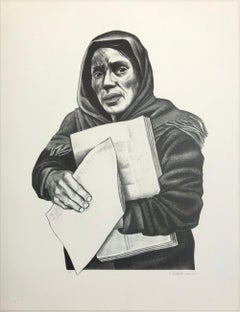 VENDEDORA DE PERIÓDICOS Litografía firmada, Mujer mexicana vendedora de periódicos