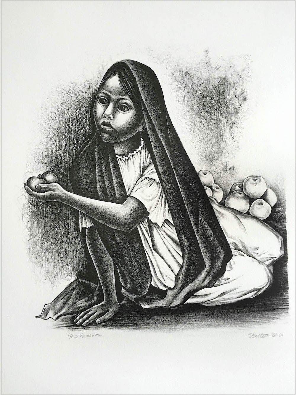 Elizabeth Catlett Figurative Print - VENDEDORA Signed Lithograph, Portrait Seated Young Girl, Mexican Fruit Seller