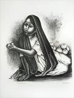 VENDEDORA Signed Lithograph, Portrait Seated Young Girl, Mexican Fruit Seller
