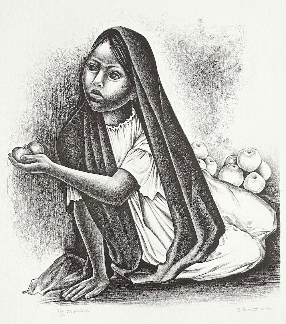 Lithographie signée VENDEDORA, portrait de jeune fille assise, vendeur de fruits mexicain - Print de Elizabeth Catlett