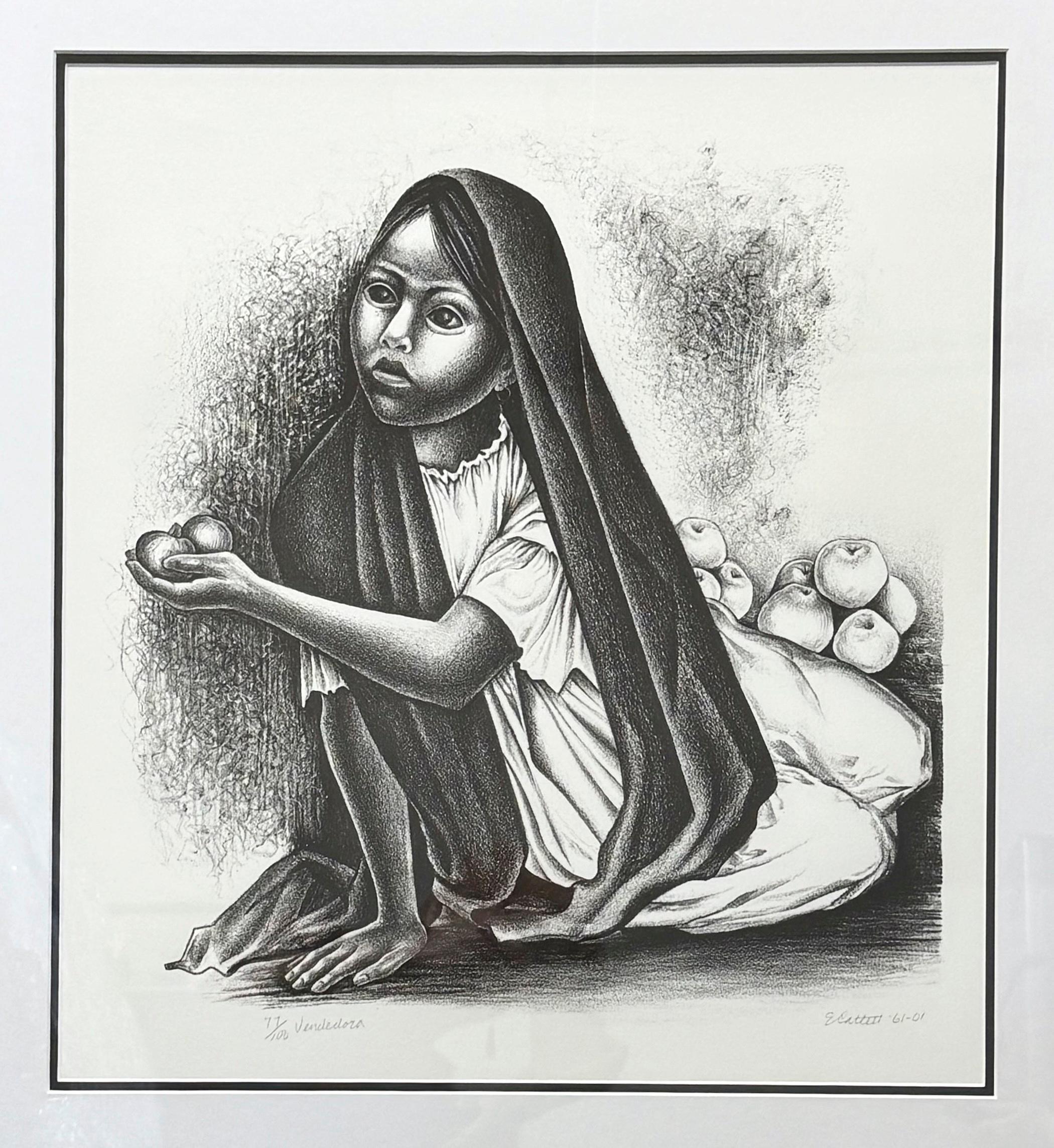 VENDEDORA Signed Lithograph, Portrait Seated Young Girl, Mexican Fruit Seller - Print by Elizabeth Catlett
