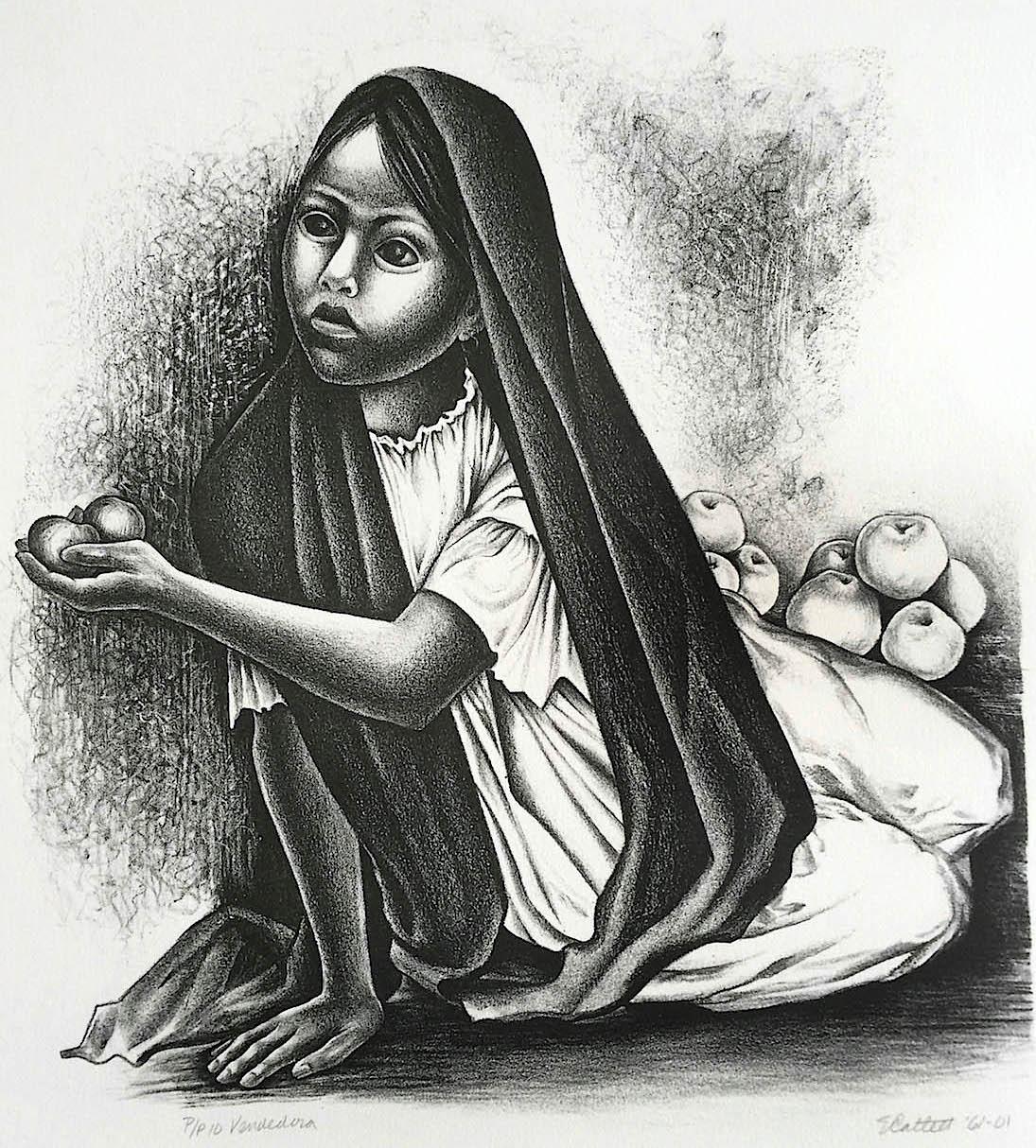 VENDEDORA Signed Lithograph, Portrait Seated Young Girl, Mexican Fruit Seller - Print by Elizabeth Catlett