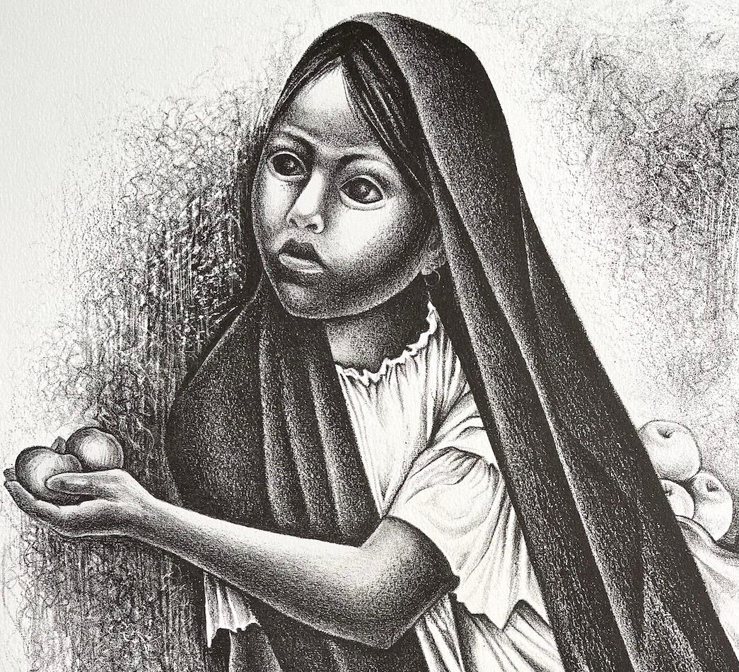 VENDEDORA Litografía Firmada, Retrato Jovencita Sentada, Vendedora Mexicana de Frutas - Print Realista de Elizabeth Catlett