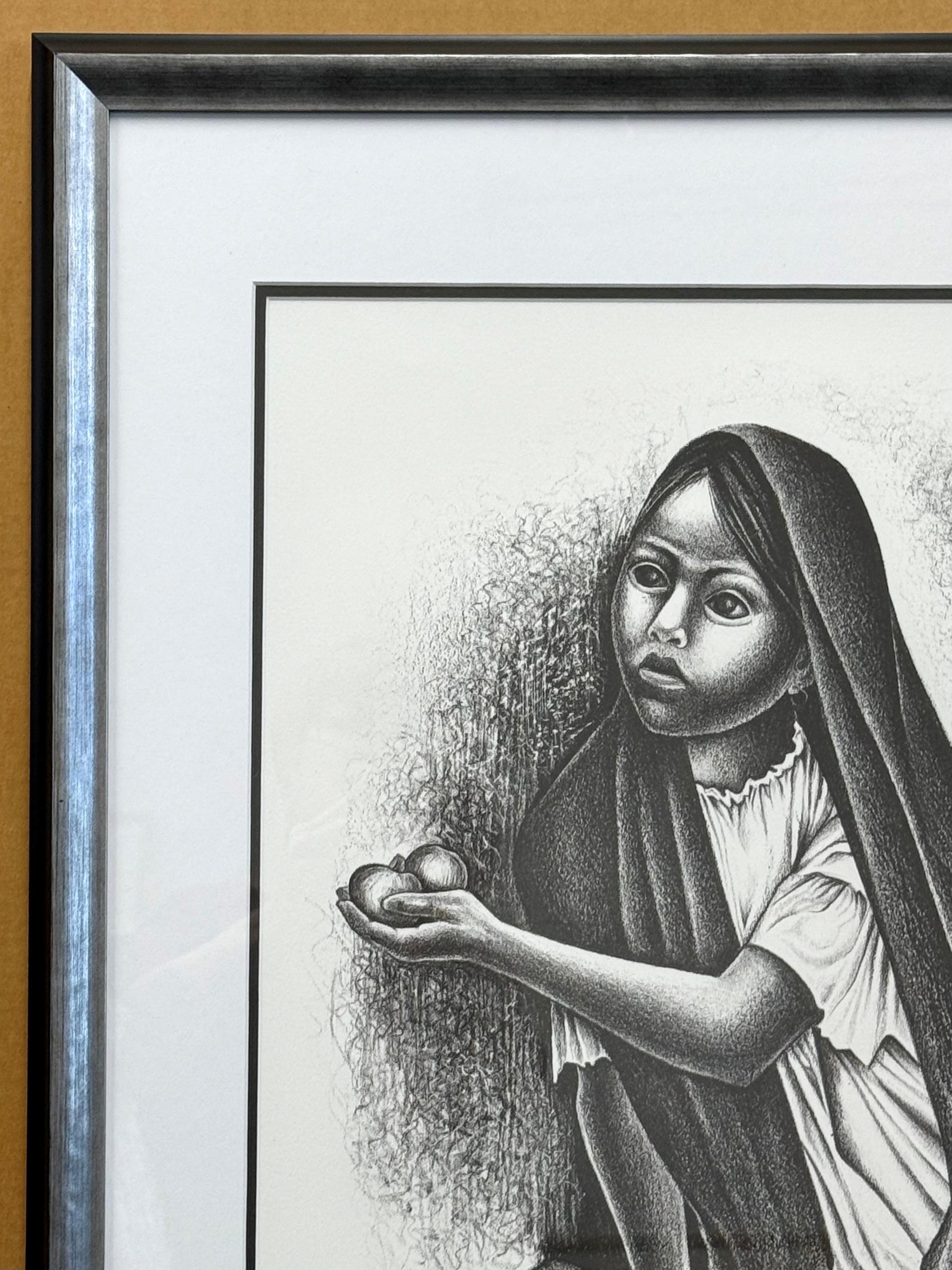 VENDEDORA Signed Lithograph, Portrait Seated Young Girl, Mexican Fruit Seller - Realist Print by Elizabeth Catlett