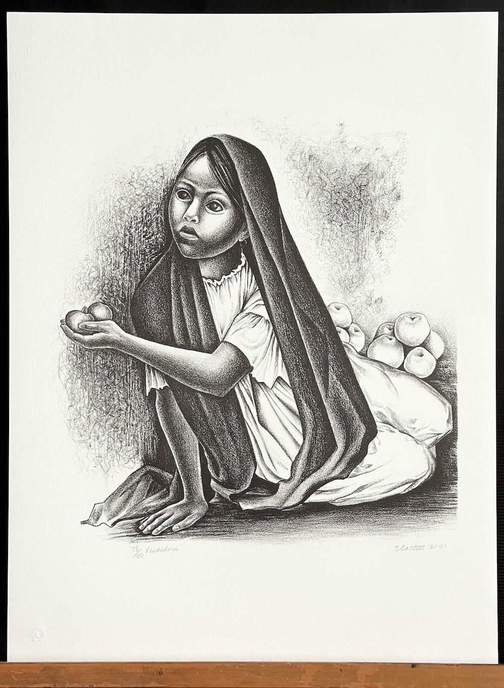 VENDEDORA, a limited edition lithograph by the renowned American-born Mexican sculptor and printmaker Elizabeth Catlett(b.1915–2012) depicts a sensitive black and white portrait of a young Mexican village girl selling fruit. Printed in black ink on