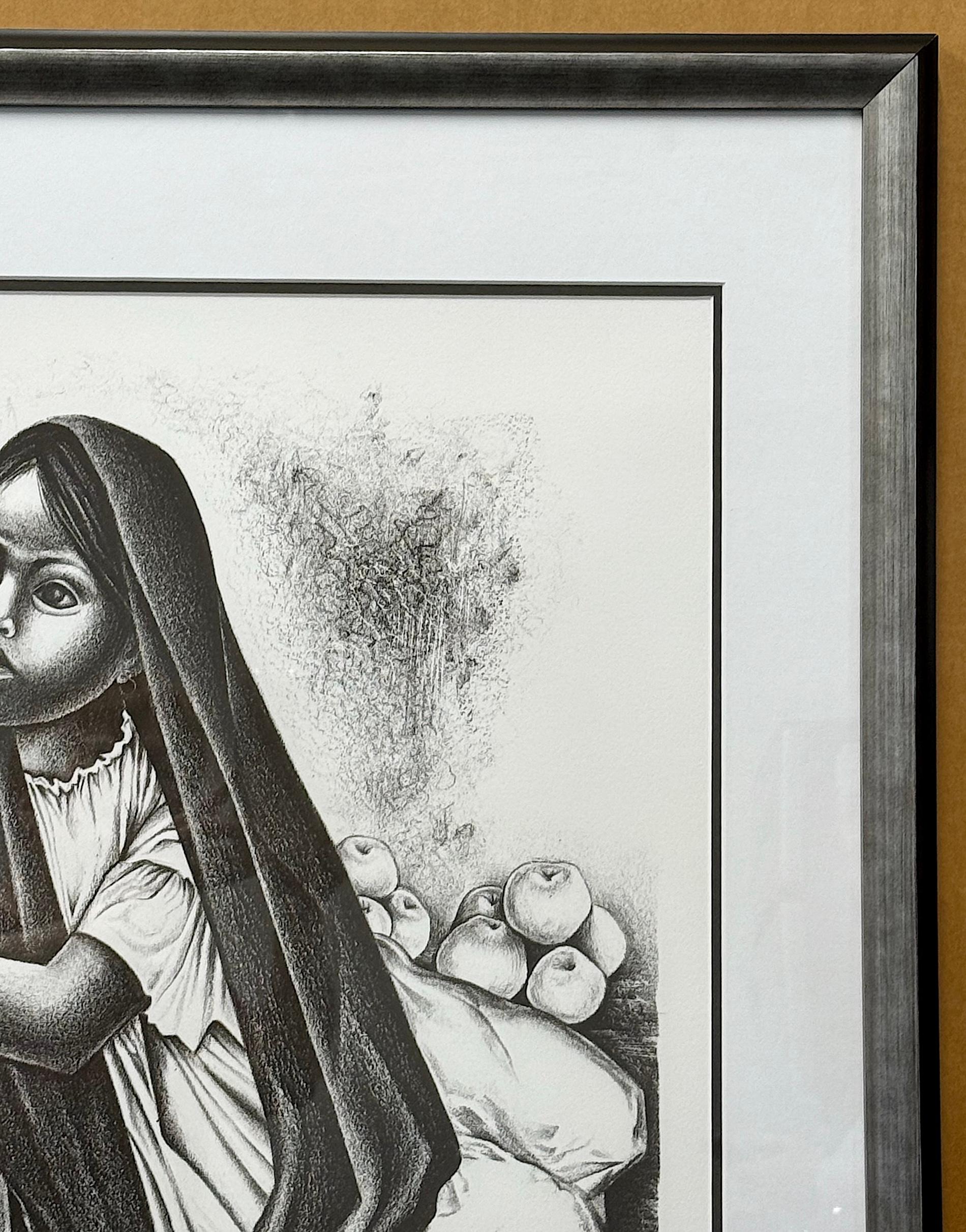 VENDEDORA Signed Lithograph, Portrait Seated Young Girl, Mexican Fruit Seller - Gray Portrait Print by Elizabeth Catlett