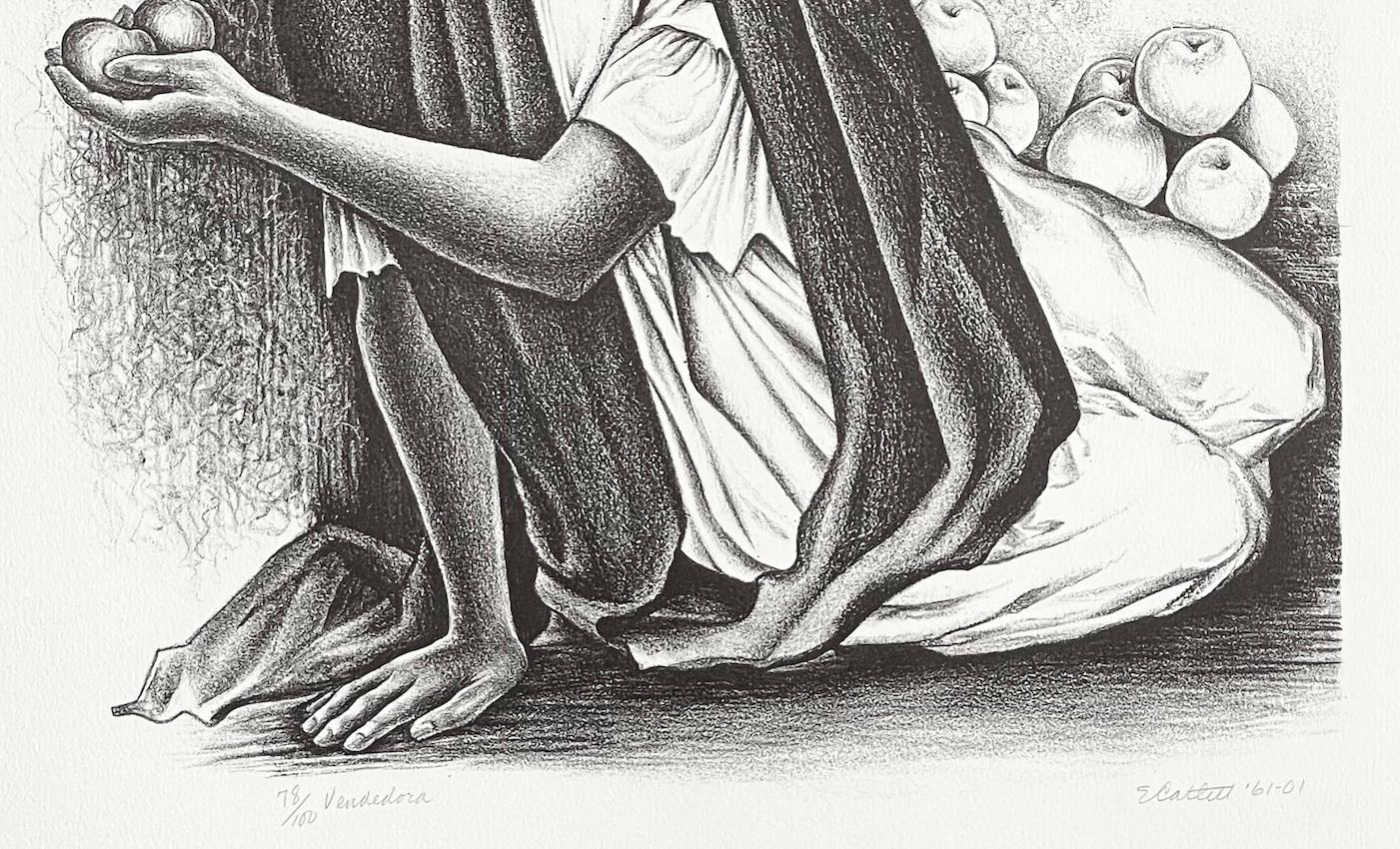 Signierte Lithographie von VENDEDORA, Porträt eines sitzenden jungen Mädchens, mexikanischer Obstverkäufer (Grau), Figurative Print, von Elizabeth Catlett