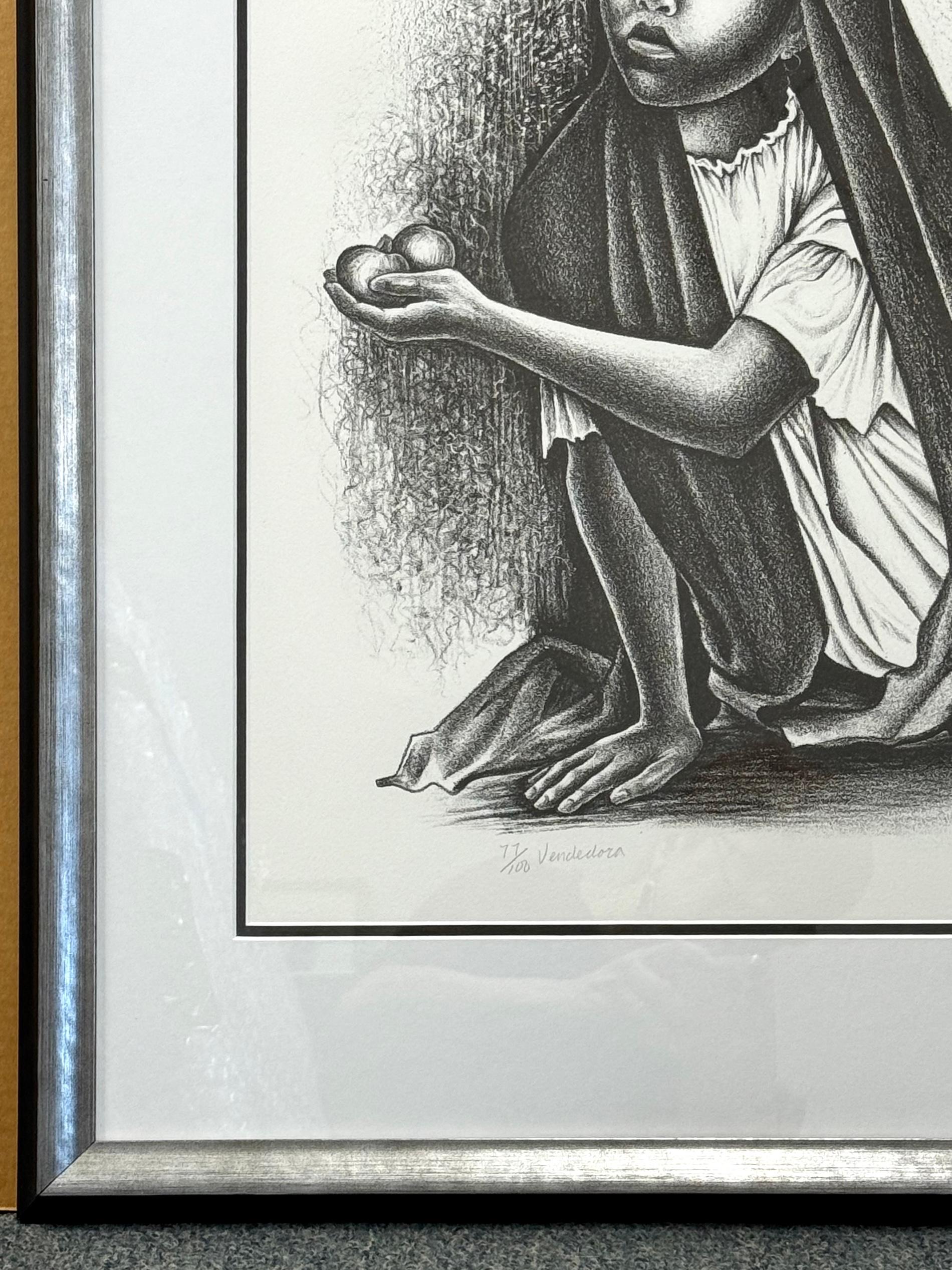 VENDEDORA, a limited edition lithograph by the renowned American-born Mexican sculptor and printmaker Elizabeth Catlett(b.1915–2012) depicts a sensitive black and white portrait of a young Mexican village girl selling fruit. Printed in black ink on