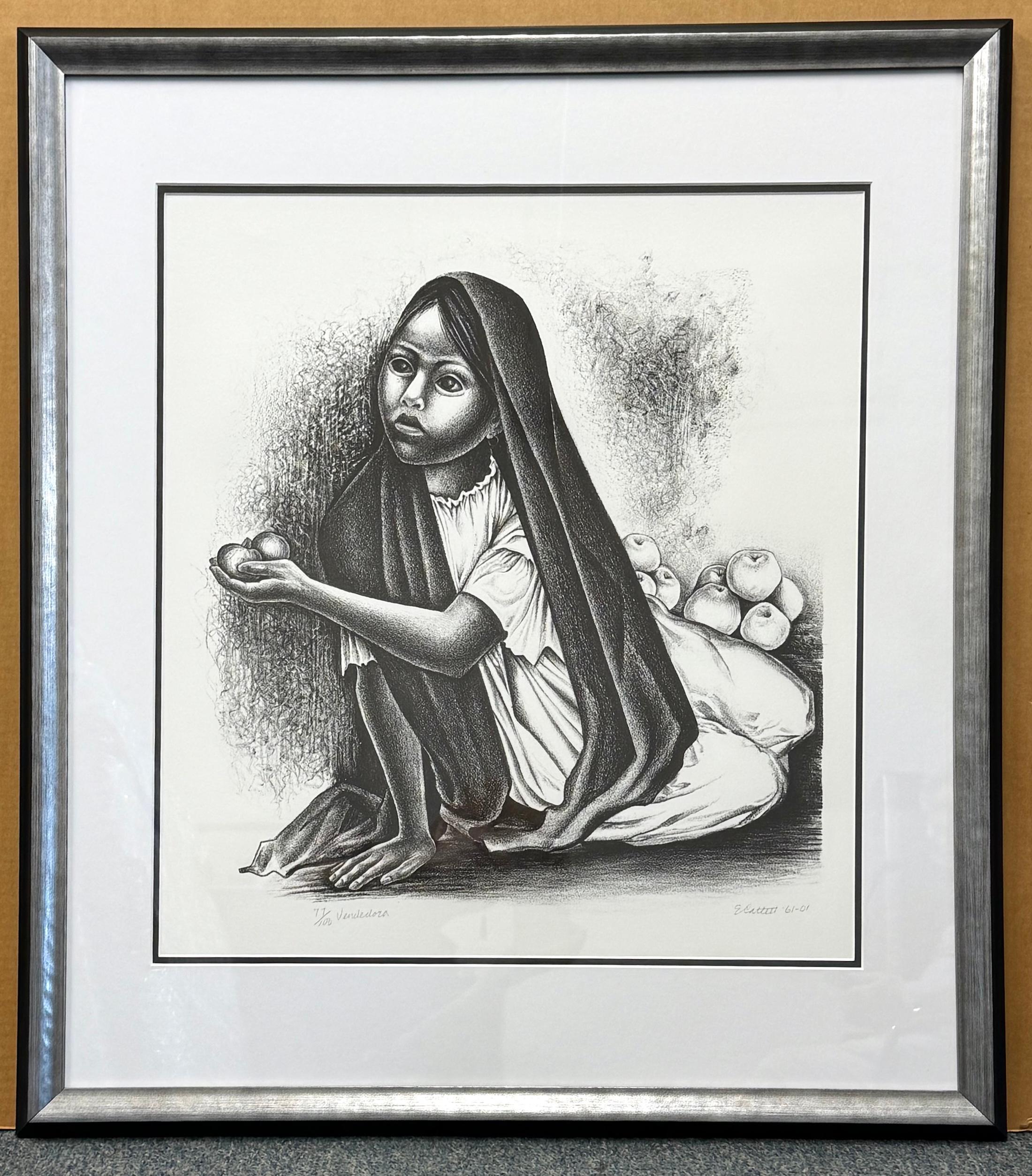 VENDEDORA Signed Lithograph, Portrait Seated Young Girl, Mexican Fruit Seller For Sale 2