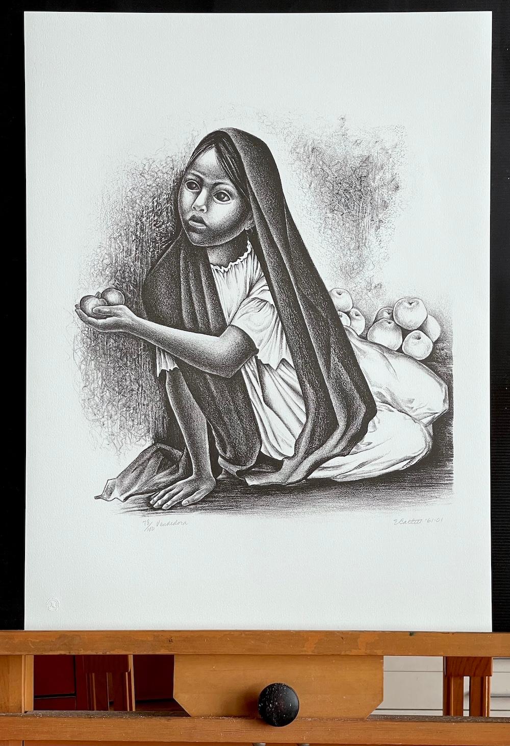 VENDEDORA Litografía Firmada, Retrato Jovencita Sentada, Vendedora Mexicana de Frutas en venta 3