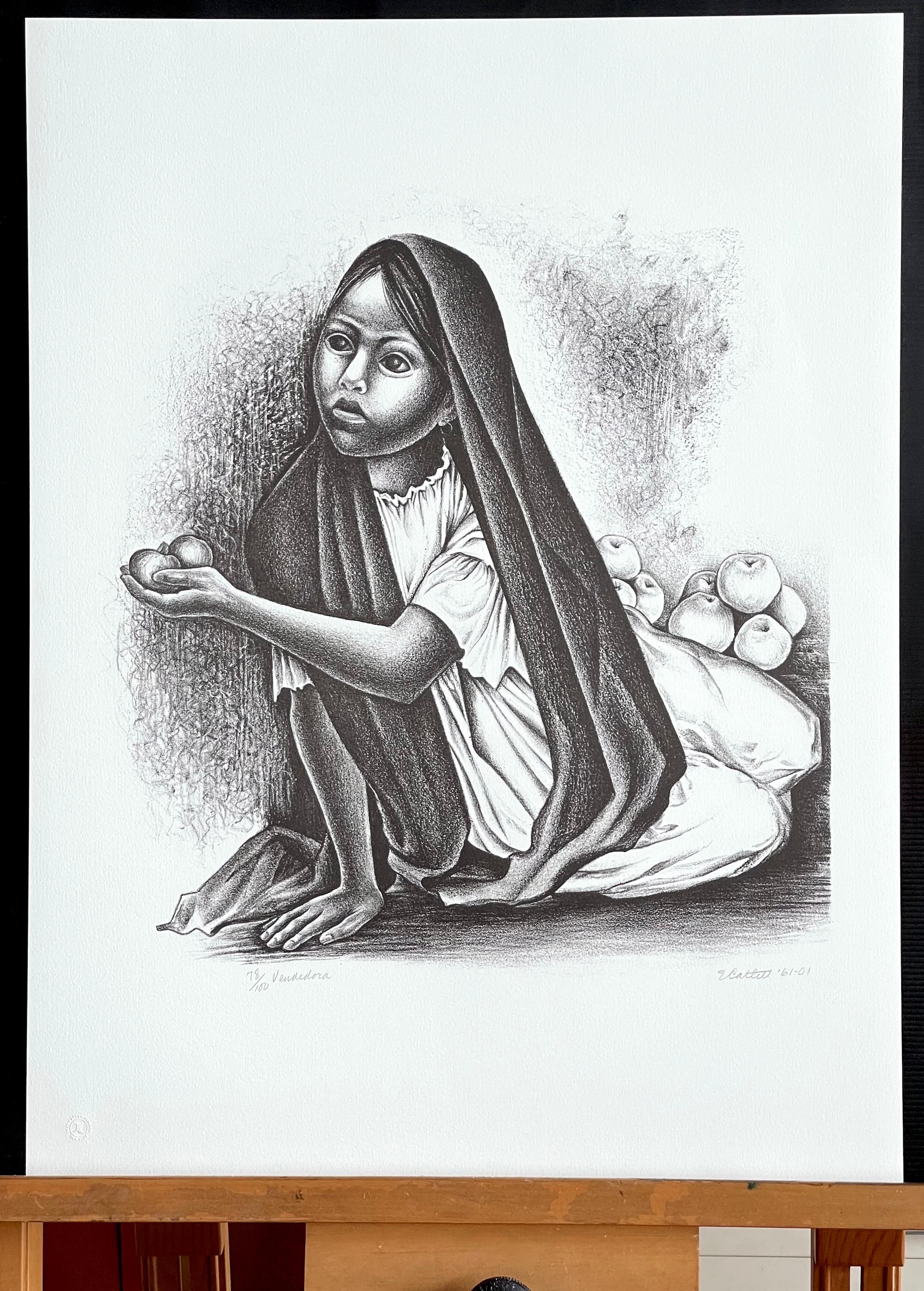 Signierte Lithographie von VENDEDORA, Porträt eines sitzenden jungen Mädchens, mexikanischer Obstverkäufer im Angebot 3
