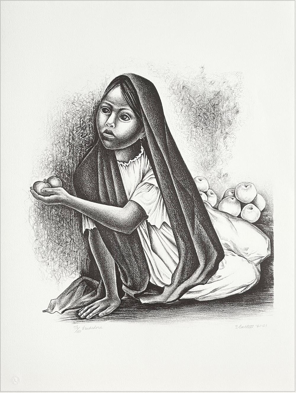 Signierte Lithographie von VENDEDORA, Porträt eines sitzenden jungen Mädchens, mexikanischer Obstverkäufer