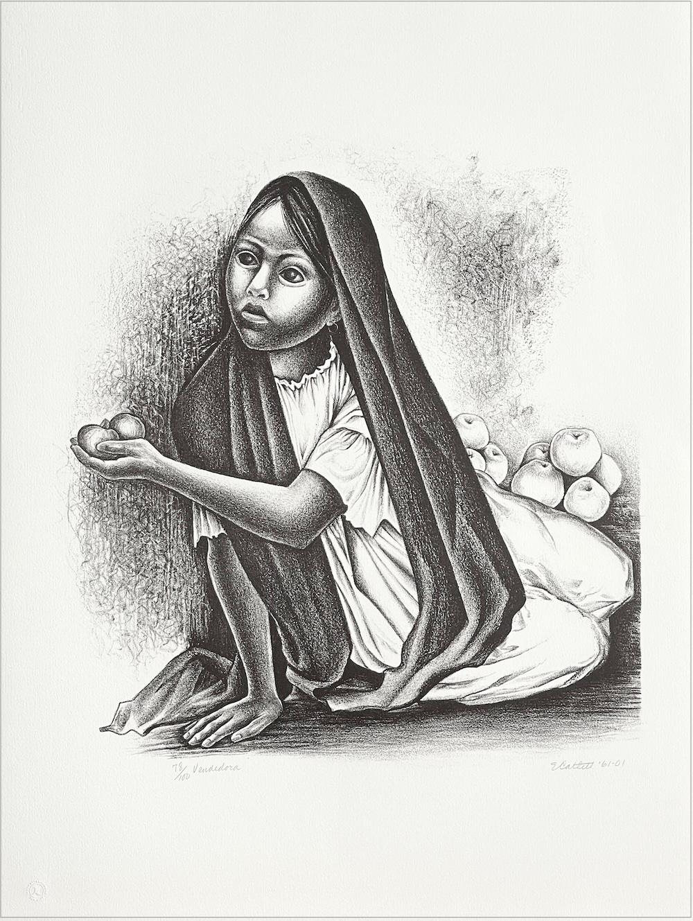 Portrait Print de Elizabeth Catlett - VENDEDORA Litografía Firmada, Retrato Jovencita Sentada, Vendedora Mexicana de Frutas