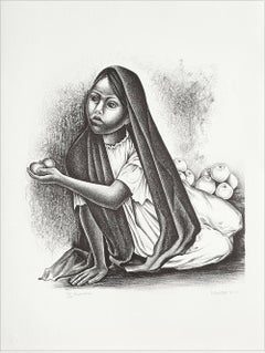 VENDEDORA Litografía Firmada, Retrato Jovencita Sentada, Vendedora Mexicana de Frutas