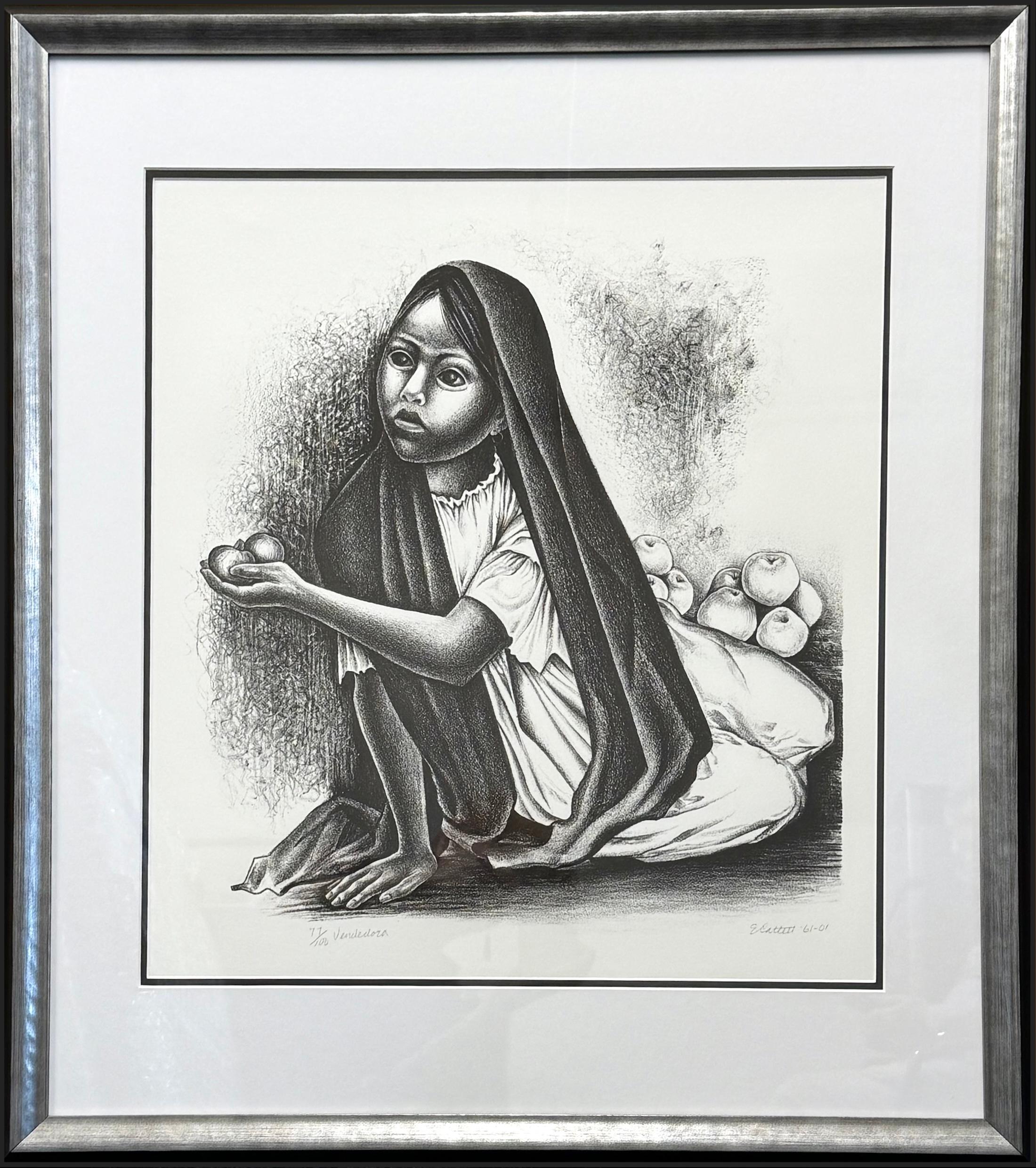 Elizabeth Catlett Portrait Print - VENDEDORA Signed Lithograph, Portrait Seated Young Girl, Mexican Fruit Seller