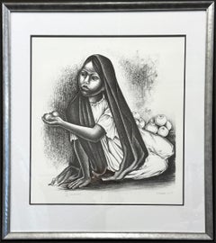 VENDEDORA Signed Lithograph, Portrait Seated Young Girl, Mexican Fruit Seller