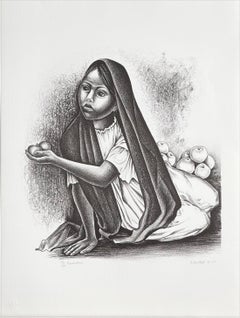 Signierte Lithographie von VENDEDORA, Porträt eines sitzenden jungen Mädchens, mexikanischer Obstverkäufer