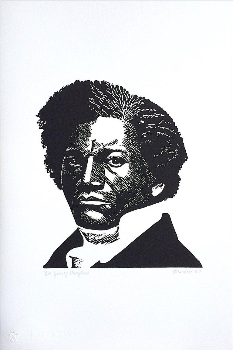 YOUNG DOUGLASS Signed Linocut Black and White Portrait African American History  - Print by Elizabeth Catlett