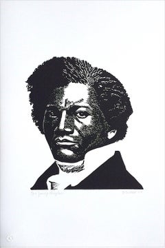 YOUNG DOUGLASS Signed Linocut Black and White Portrait African American History 