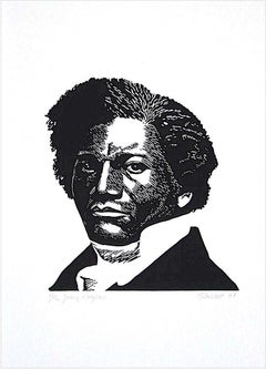 YOUNG DOUGLASS Signed Linocut, Black Portrait Head, African American History 