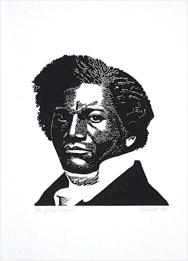 Elizabeth Catlett Figurative Print - YOUNG DOUGLASS Signed Linocut Black and White Portrait African American History 