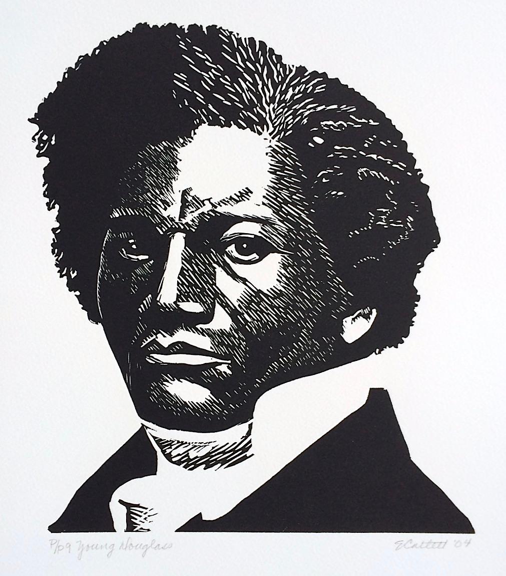 YOUNG DOUGLASS Signed Linocut, Black Portrait Head African American Civil Rights - Print by Elizabeth Catlett