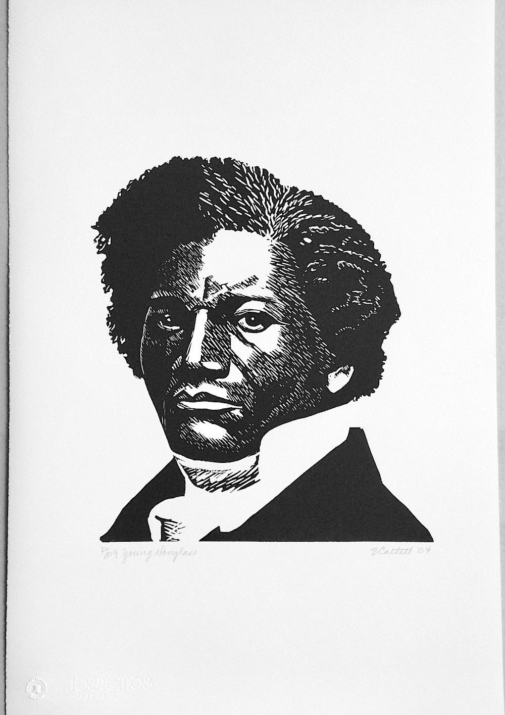 YOUNG DOUGLASS is a hand pulled, original limited edition relief print created using linoleum cut printmaking techniques on white archival Somerset White paper, 100% acid free. Pencil signed by Elizabeth Catlett on the lower margin, embossed with