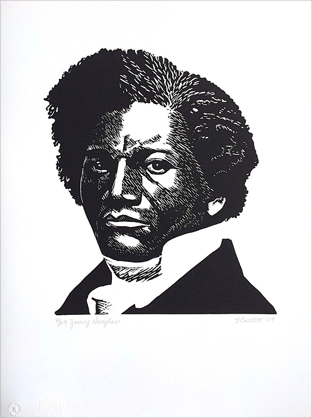 Elizabeth Catlett Figurative Print - YOUNG DOUGLASS Signed Linocut, Black Portrait Head African American Civil Rights