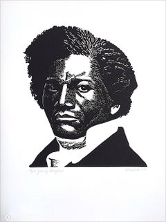 YOUNG DOUGLASS Signed Linocut, Black Portrait Head African American Civil Rights