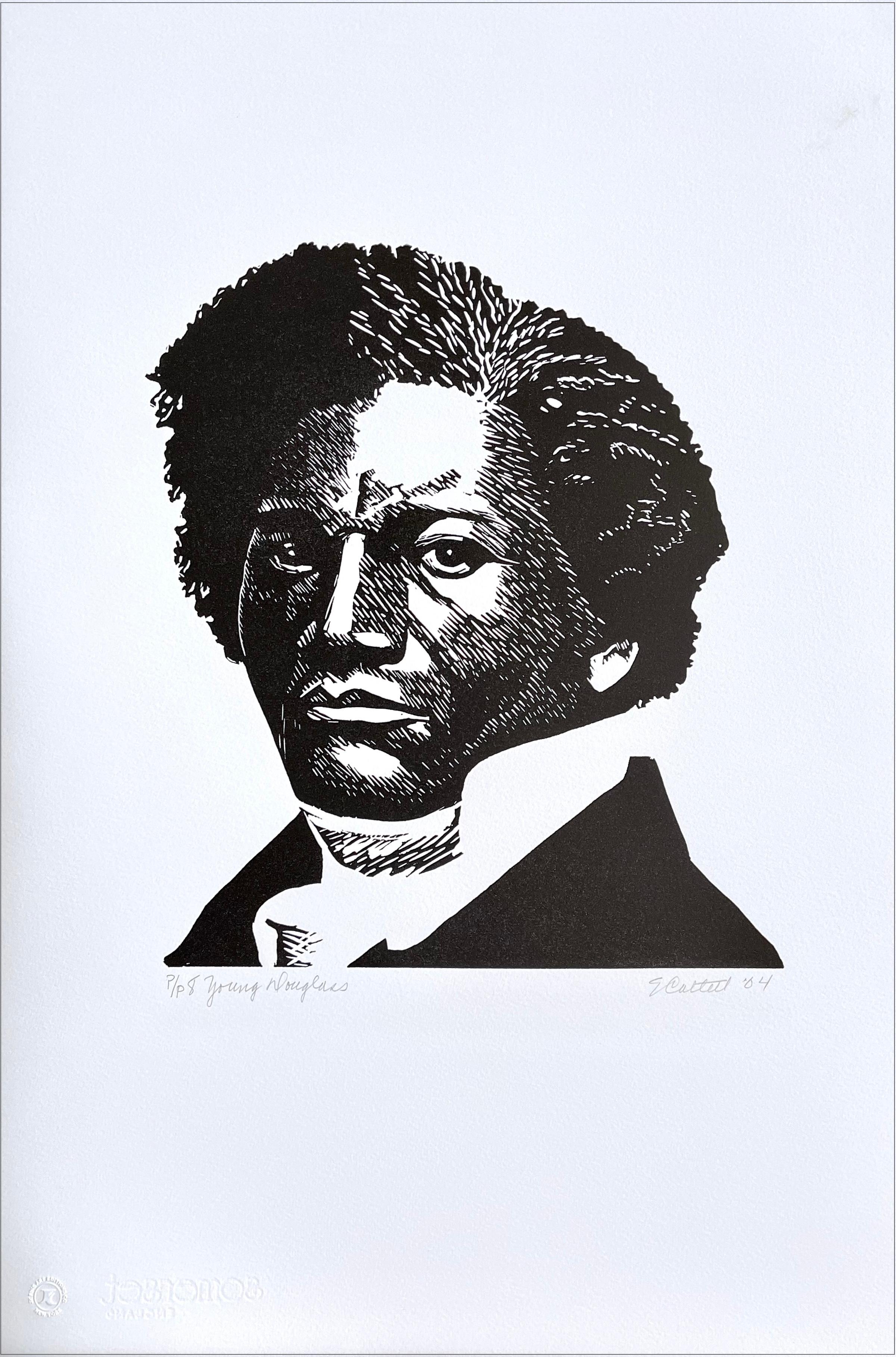 YOUNG DOUGLASS Signed Linocut, Black Portrait Head African American Civil Rights