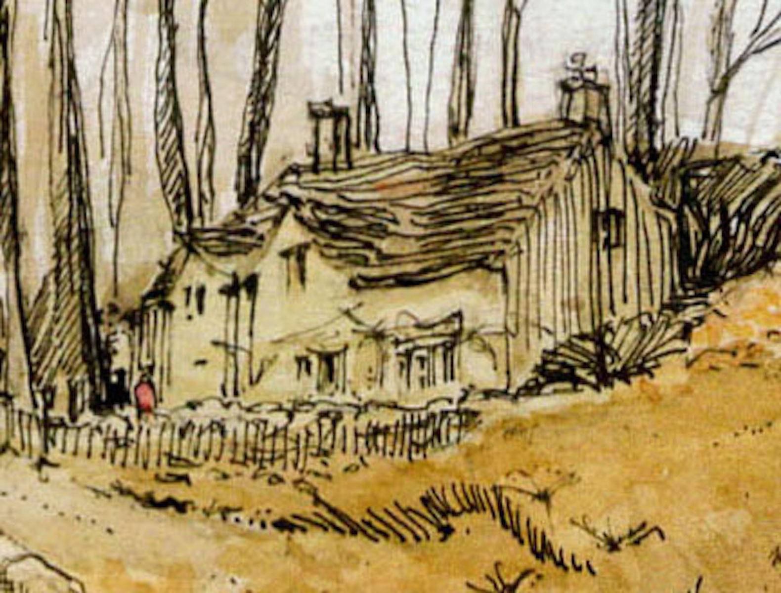 Casa de campo en Notgrove, Gloucestershire por Elizabeth Chalmers [2022]
original y firmado a mano por el artista 
Pluma y tinta con acuarela
Tamaño de la imagen: Alt:33,5 cm x Anch:26,0 cm
Tamaño completo de la obra sin enmarcar: A:33,5 cm x A:26,0