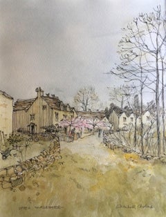 Peinture de paysage des Cotswold, Elizabeth Chalmers, fleurs de cerisier et arbres d'hiver
