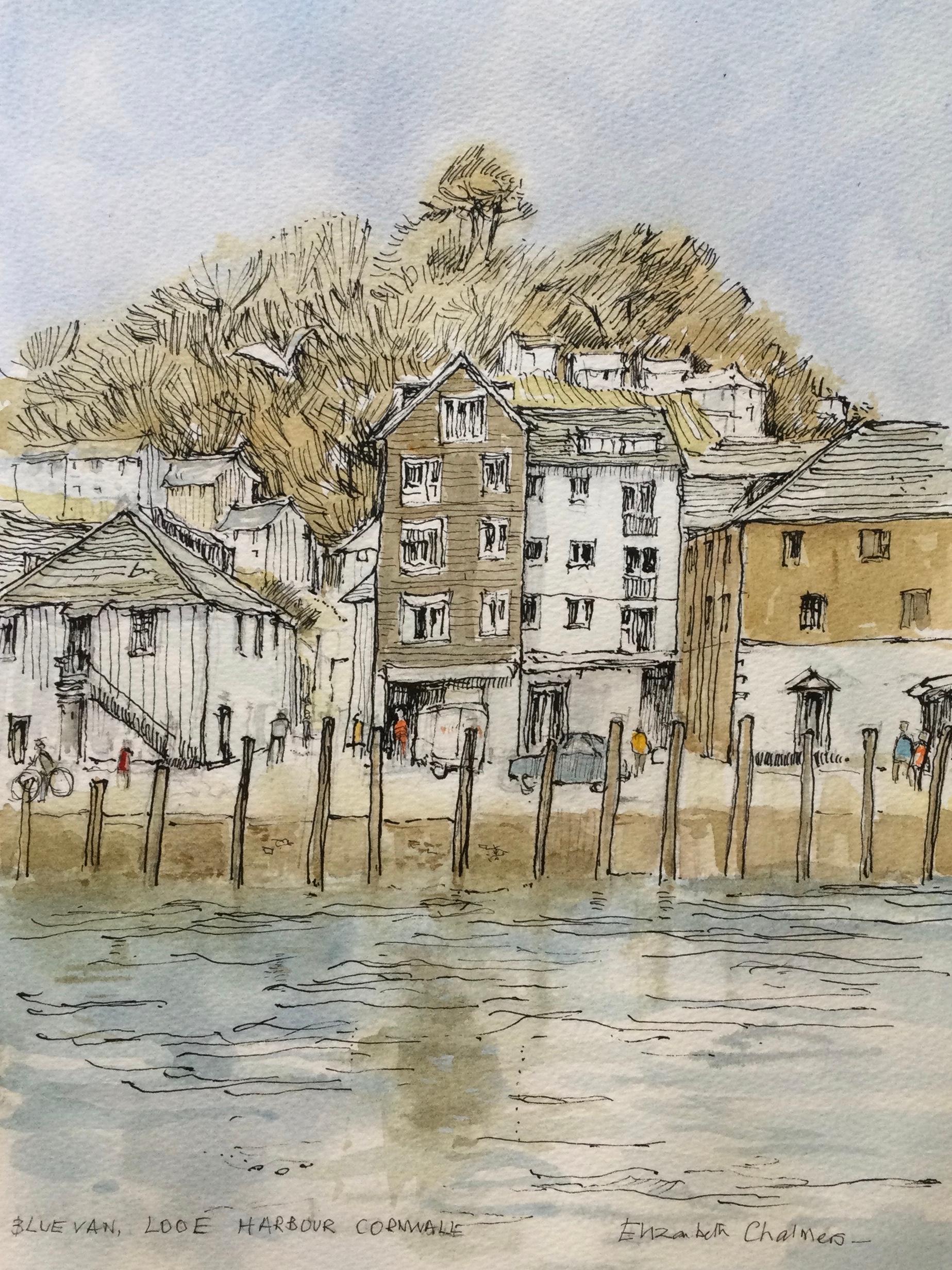 Looe Harbour, Cornwall, Originalgemälde, Landschaft, zeitgenössisch (Grau), Landscape Painting, von Elizabeth Chalmers