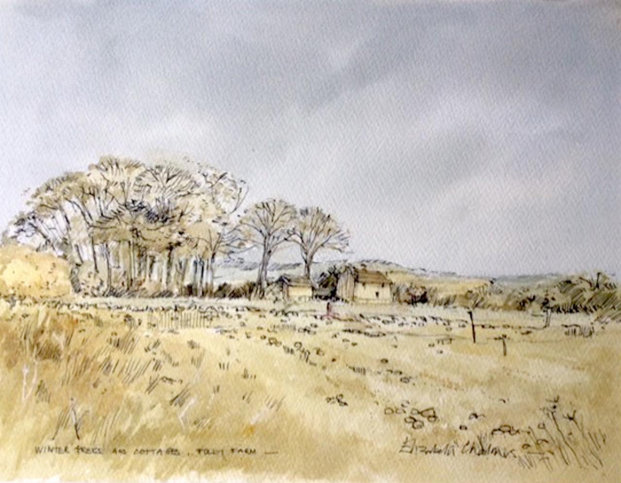 Árboles de invierno y cabaña, Folly Farm, Pintura original, Paisaje, cotswolds - Art Contemporáneo de Elizabeth Chalmers